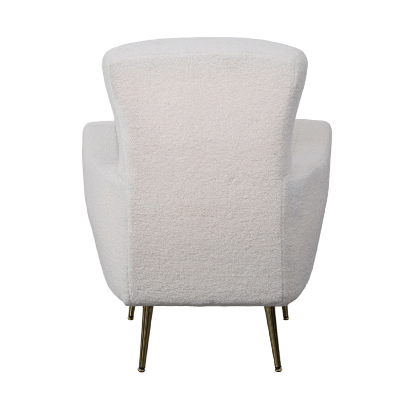 Scaun unic din faux sherpa crem cu spătar curbat, picioare din metal auriu și cotiere Scaun unic din faux sherpa crem cu spătar curbat, picioare din metal auriu și cotiere