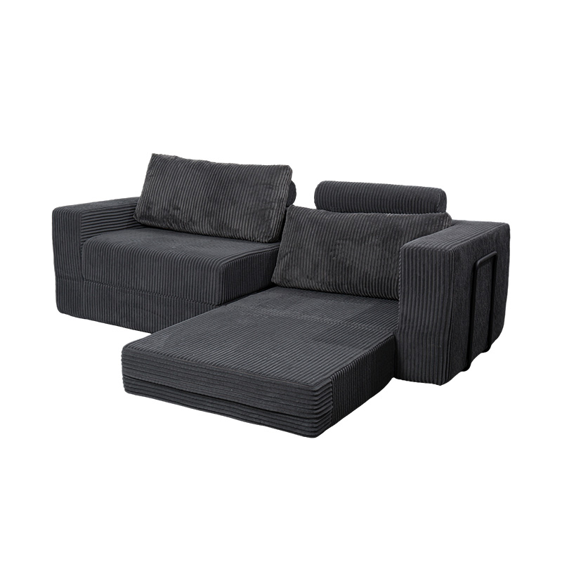 Canapea convertibilă modernă din velur gri închis, cu perne, aspect modular flexibil