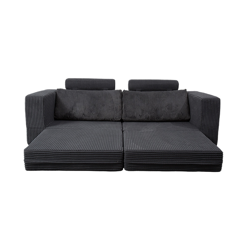 Canapea convertibilă modernă din velur gri închis, cu perne, aspect modular flexibil