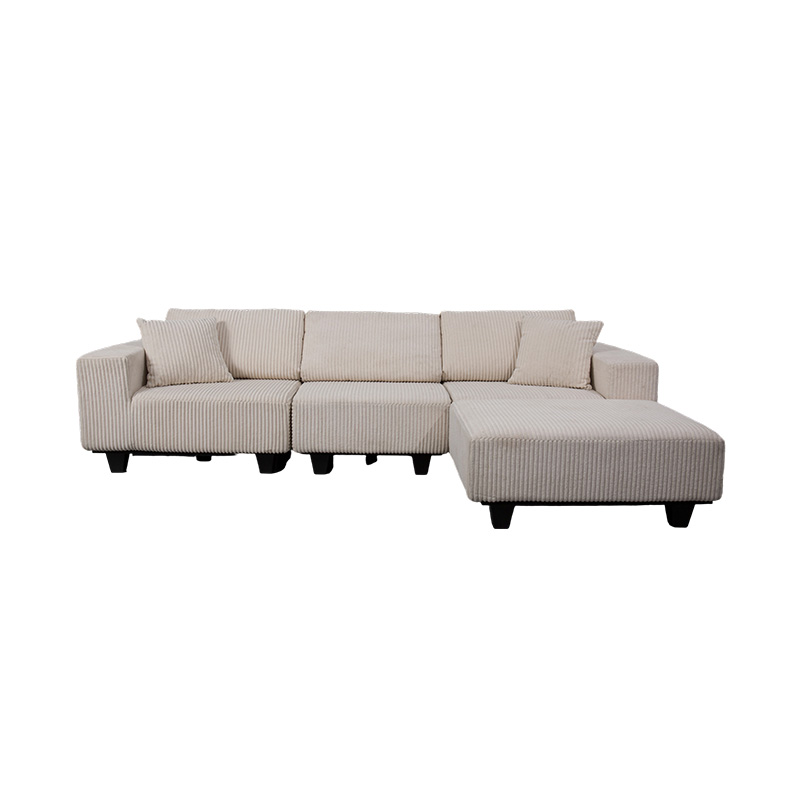 Canapea de colț mare în formă de L, din velur alb, cu design minimalist modern