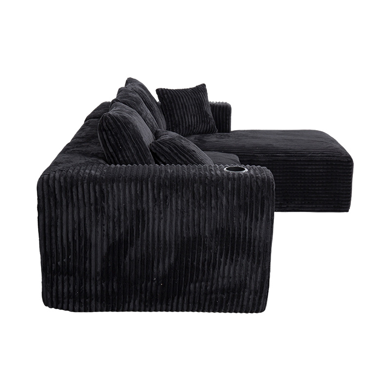 Canapea de colț mare în formă de L, din velur negru, cu module din spumă completă, perne multiple și suporturi pentru pahare încorporate Canapea de colț mare în formă de L, din velur negru, cu module din spumă completă, perne multiple și suporturi pentru pahare încorporate
