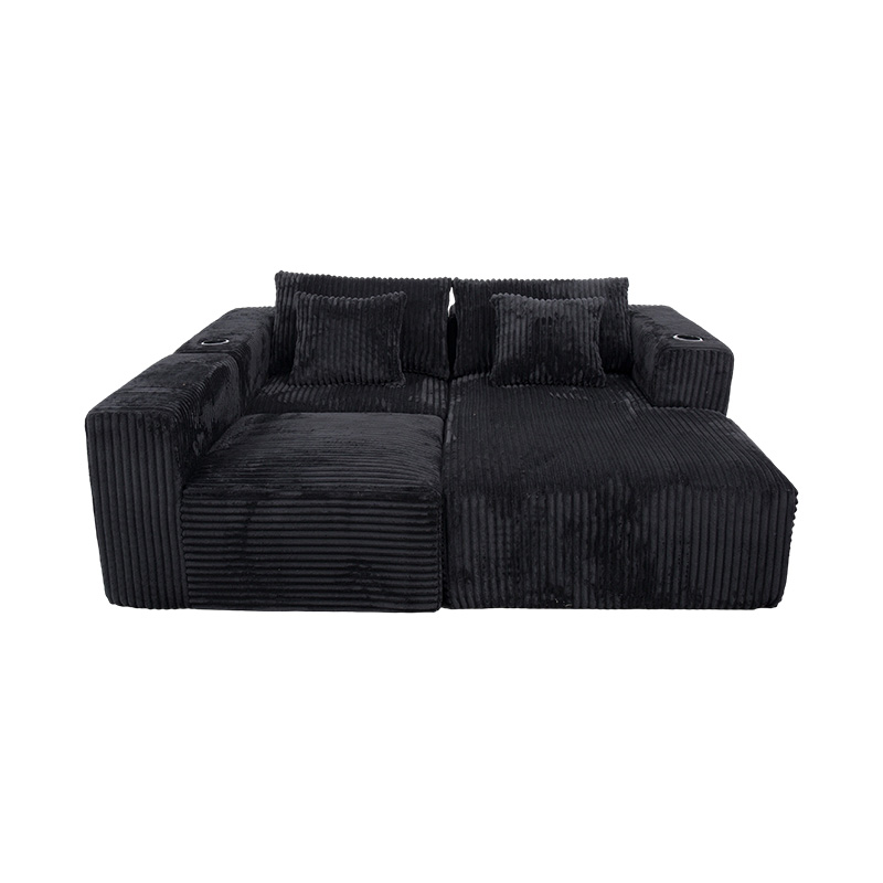 Canapea de colț mare în formă de L, din velur negru, cu module din spumă completă, perne multiple și suporturi pentru pahare încorporate Canapea de colț mare în formă de L, din velur negru, cu module din spumă completă, perne multiple și suporturi pentru pahare încorporate
