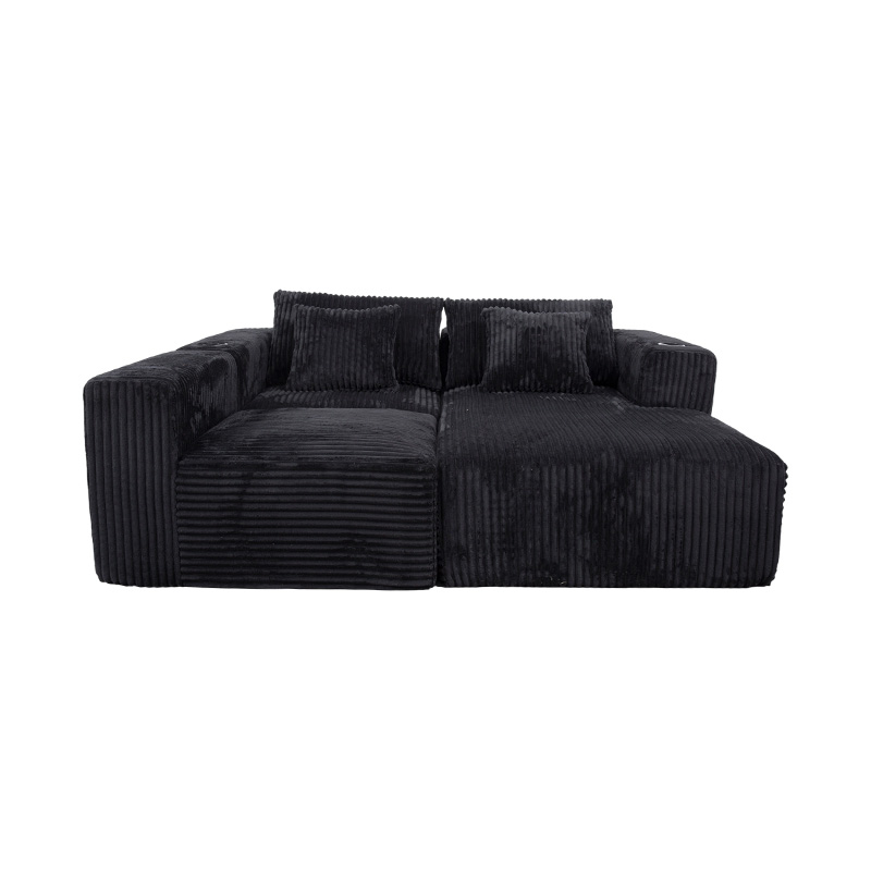 Canapea de colț mare în formă de L, din velur negru, cu module din spumă completă, perne multiple și suporturi pentru pahare încorporate Canapea de colț mare în formă de L, din velur negru, cu module din spumă completă, perne multiple și suporturi pentru pahare încorporate