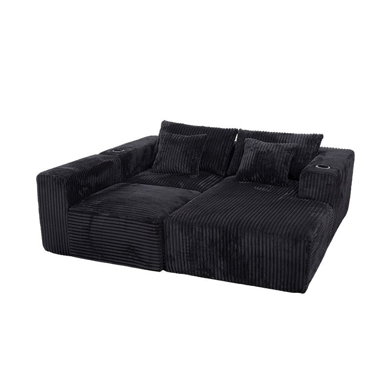 Canapea de colț mare în formă de L, din velur negru, cu module din spumă completă, perne multiple și suporturi pentru pahare încorporate Canapea de colț mare în formă de L, din velur negru, cu module din spumă completă, perne multiple și suporturi pentru pahare încorporate