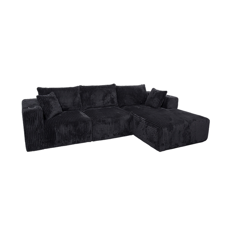 Canapea de colț mare în formă de L, din velur negru, cu module din spumă completă, perne multiple și suporturi pentru pahare încorporate Canapea de colț mare în formă de L, din velur negru, cu module din spumă completă, perne multiple și suporturi pentru pahare încorporate