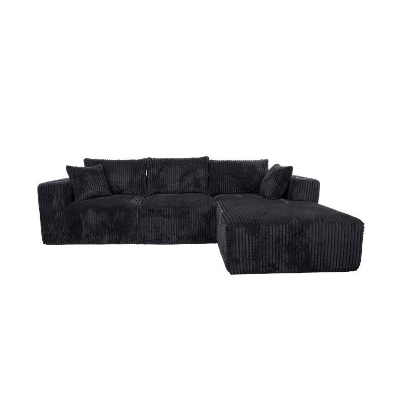 Canapea de colț mare în formă de L, din velur negru, cu module din spumă completă, perne multiple și suporturi pentru pahare încorporate Canapea de colț mare în formă de L, din velur negru, cu module din spumă completă, perne multiple și suporturi pentru pahare încorporate